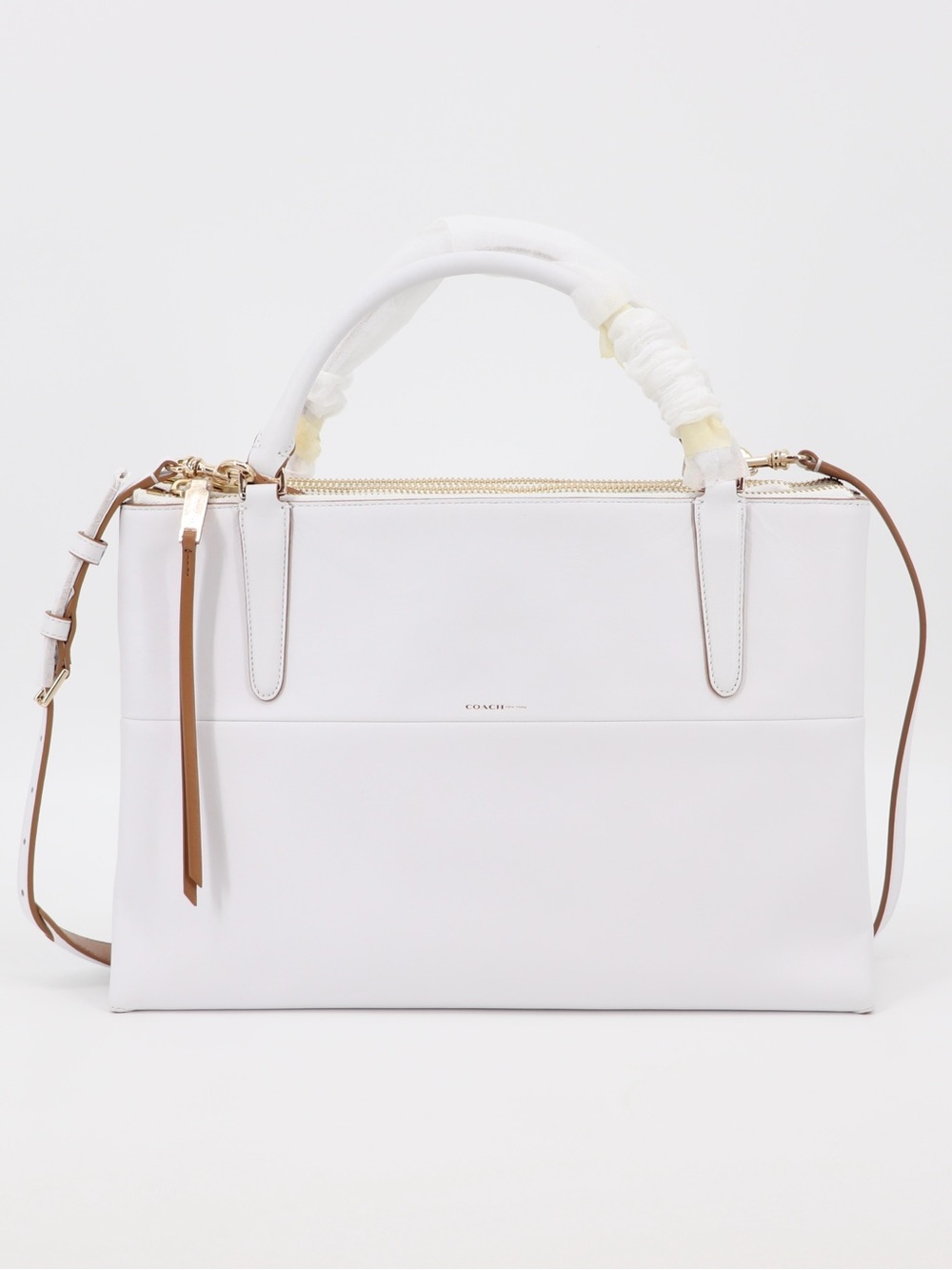 New Coach Borough Edge Painted Leather Shoulder Bag White Camel Gold Authentic